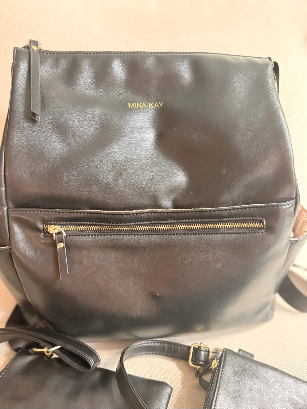 Mina Kay Black Leather Backpack with Matching crossbody and Pouche